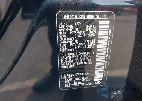 2023 Infiniti Qx80 Premium Select Awd from USA, damaged, VIN JN8AZ2AE5P9301129